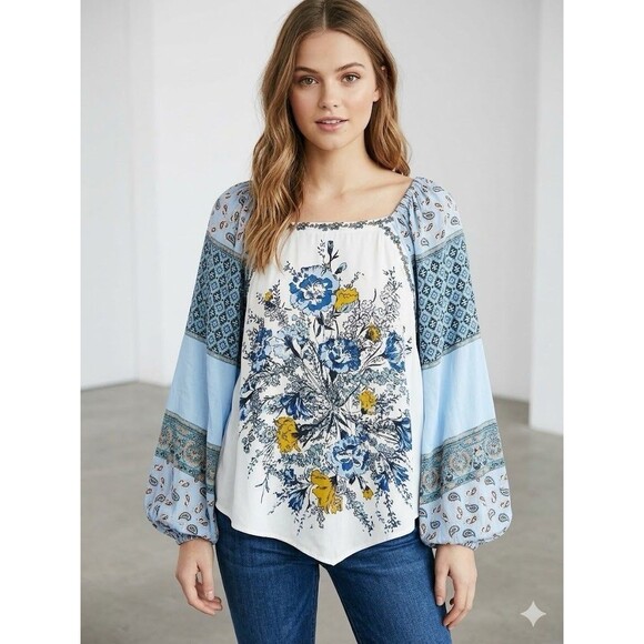 Free People Tops - Free People Blue White Positano Print Peasant Floral Boho Blouse L/G, MSRP $128